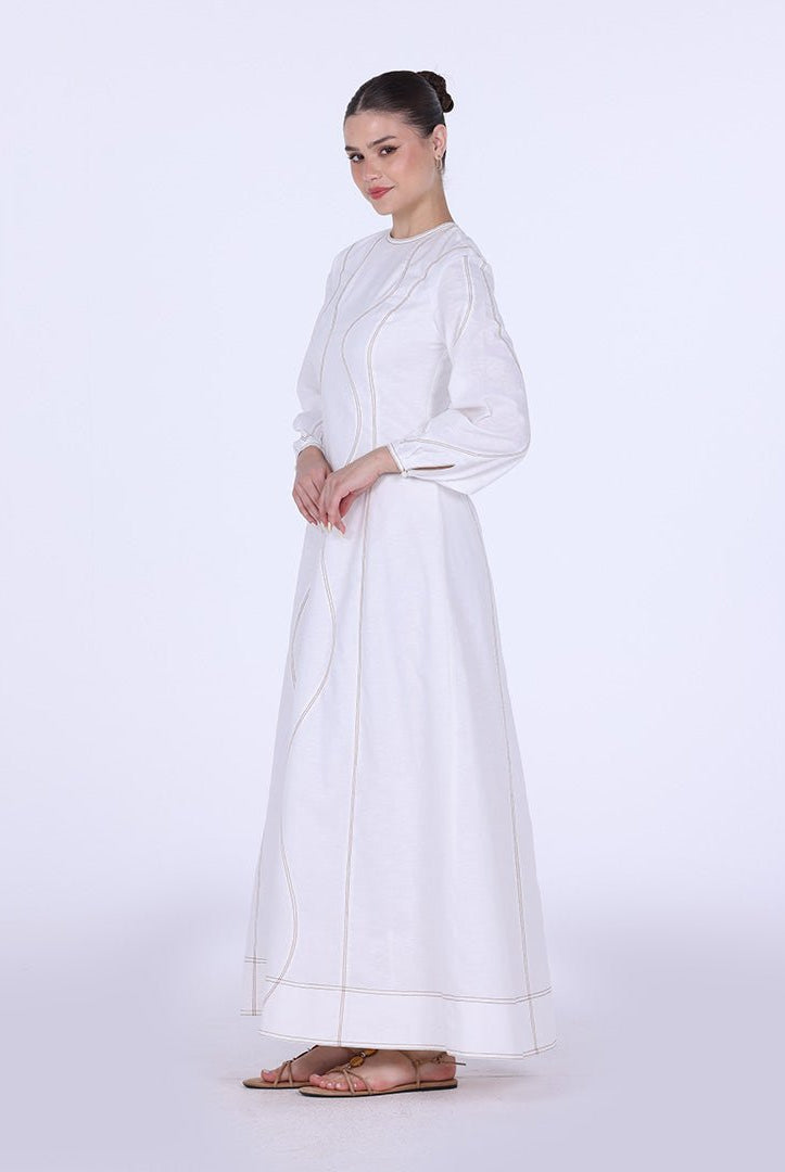 Twill Round Neck Puff Sleeve Maxi Dress - shopaleena
