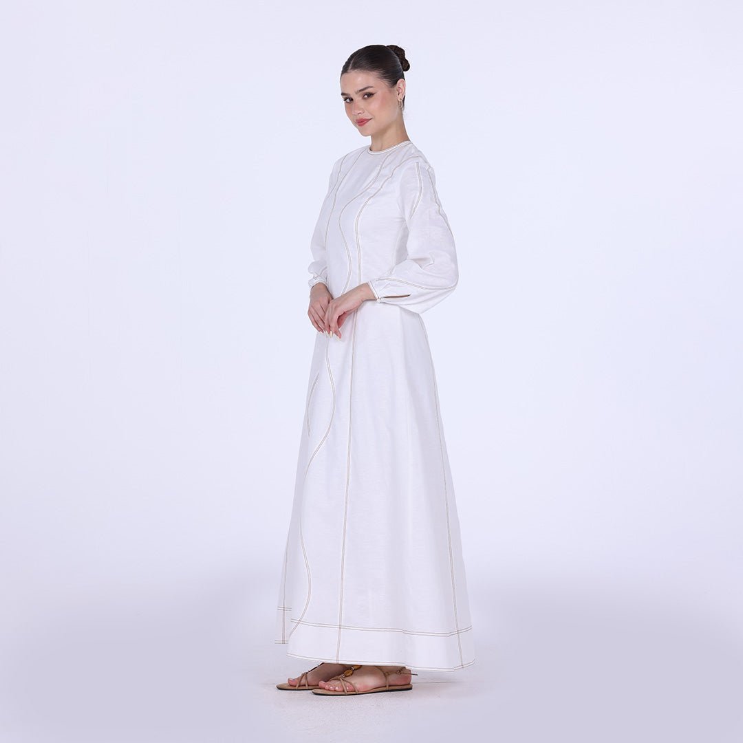 Twill Round Neck Puff Sleeve Maxi Dress - shopaleena
