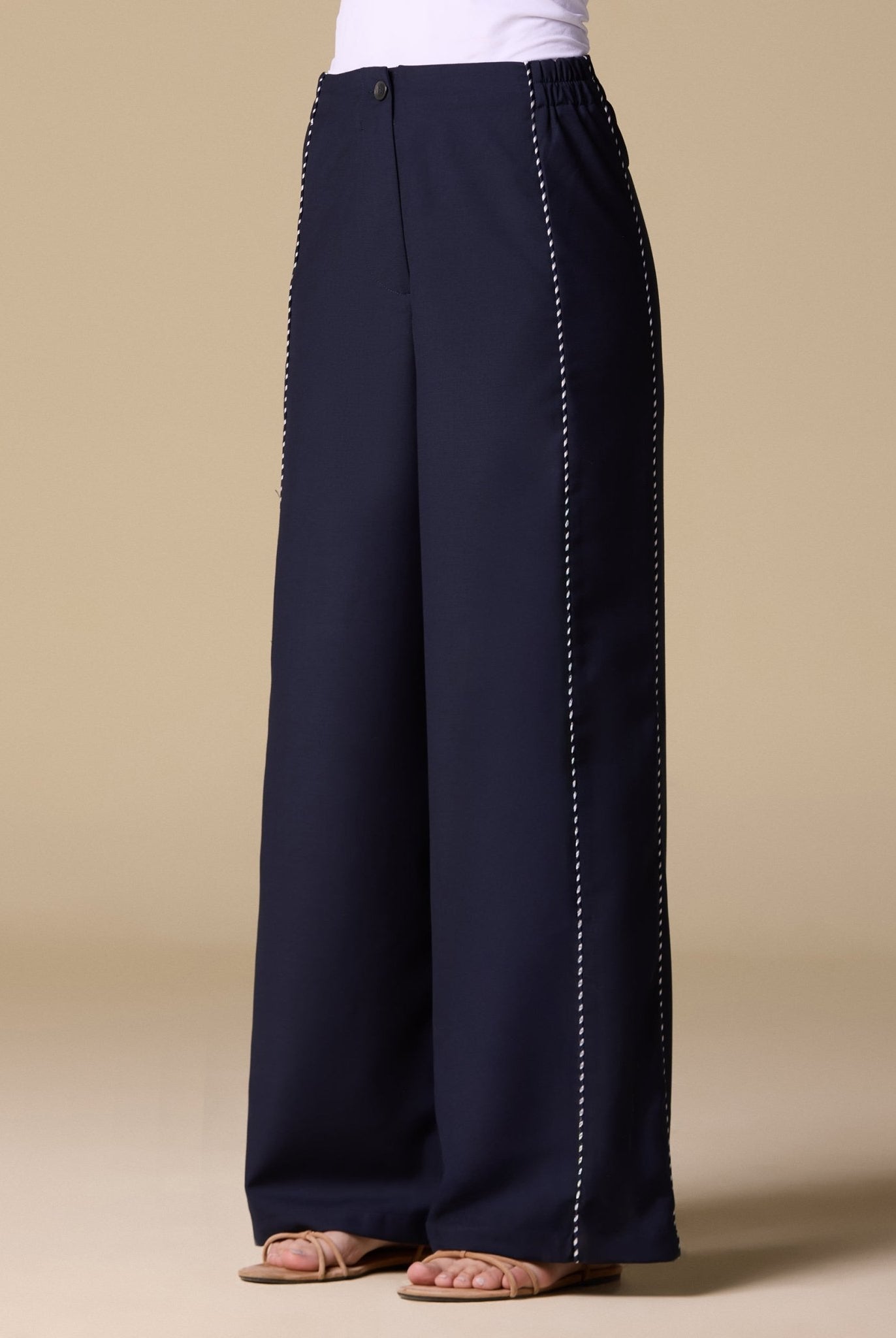 Twill Wide Leg Trim Pants - shopaleena
