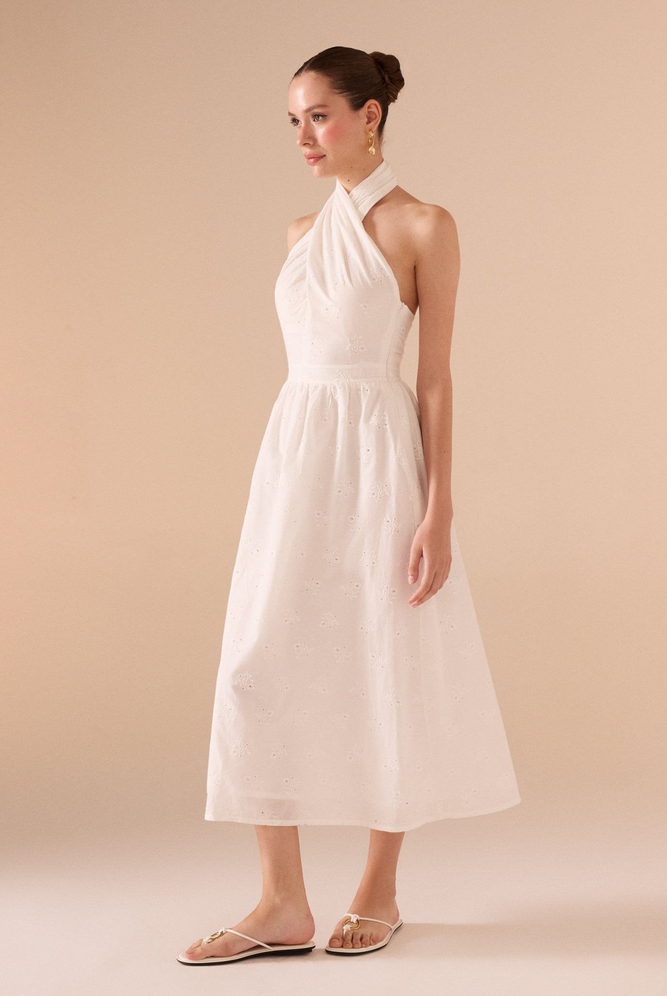 Twist Tie Embroidered Midi Dress in Cotton - shopaleena