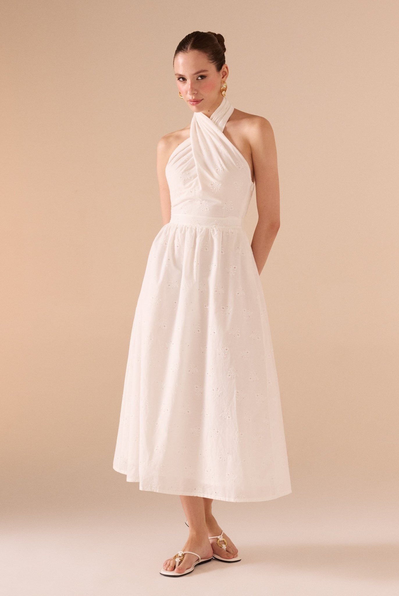 Twist Tie Embroidered Midi Dress in Cotton - shopaleena