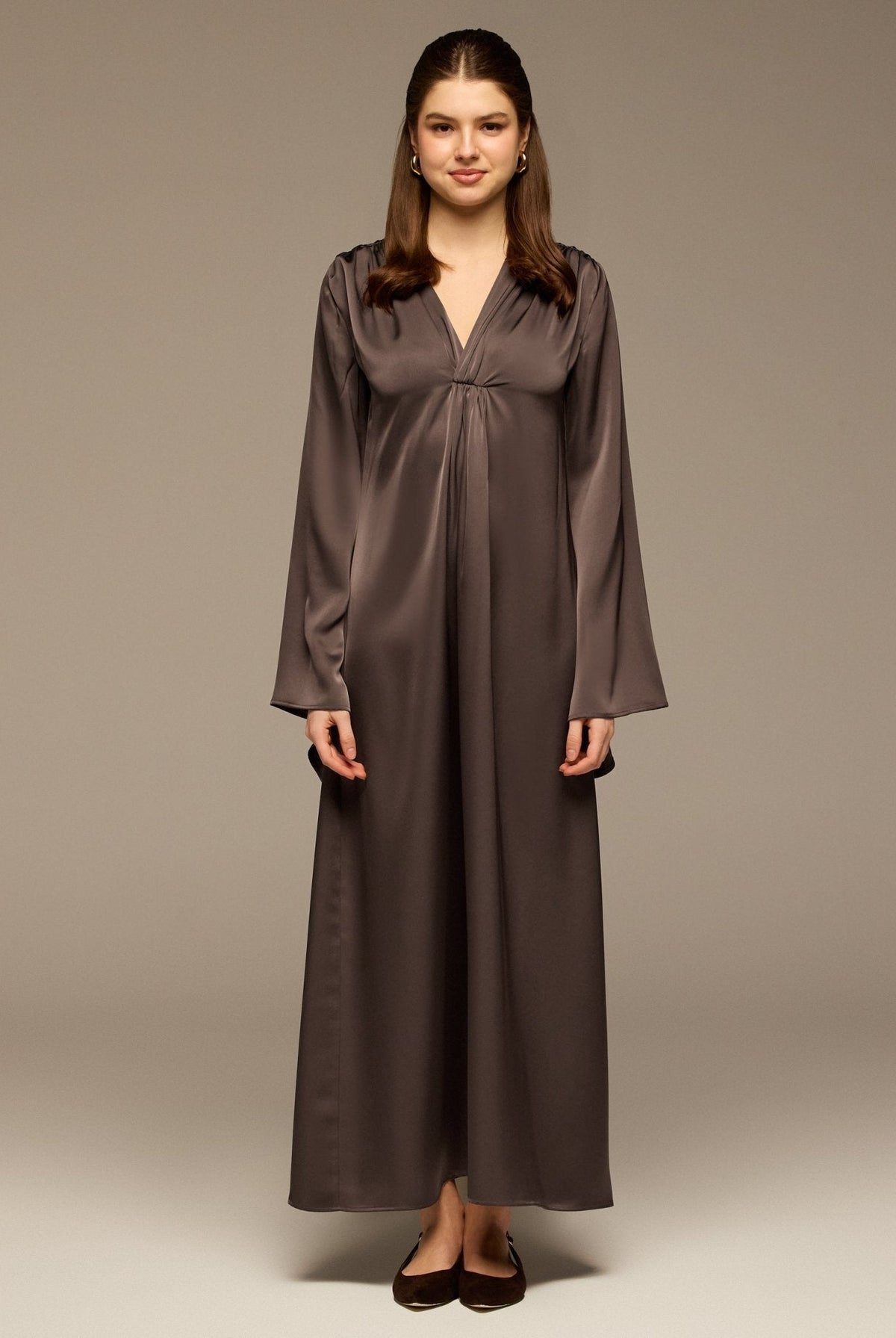 V-Neck Flared Sleeve Satin Kaftan - shopaleena