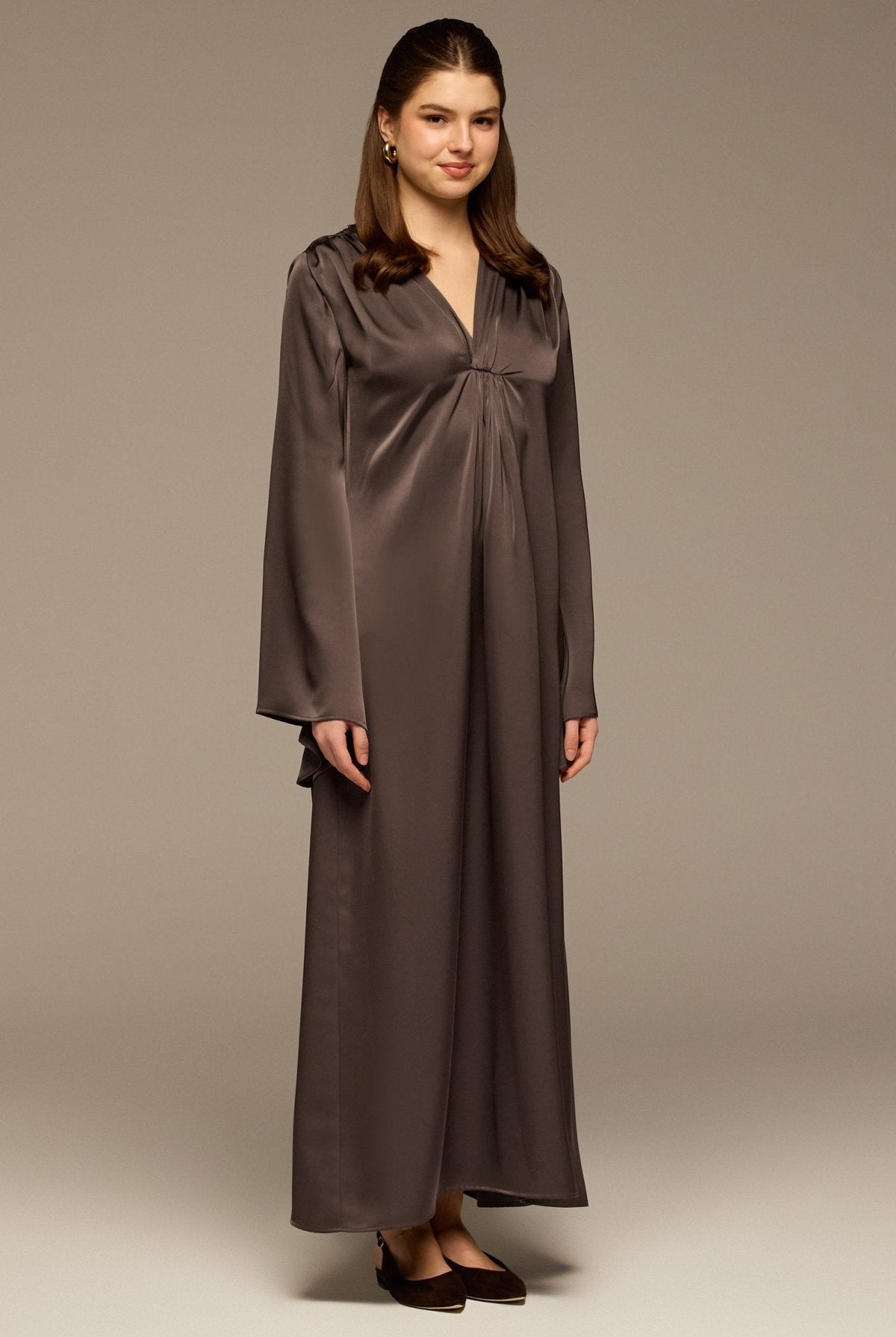 V-Neck Flared Sleeve Satin Kaftan - shopaleena