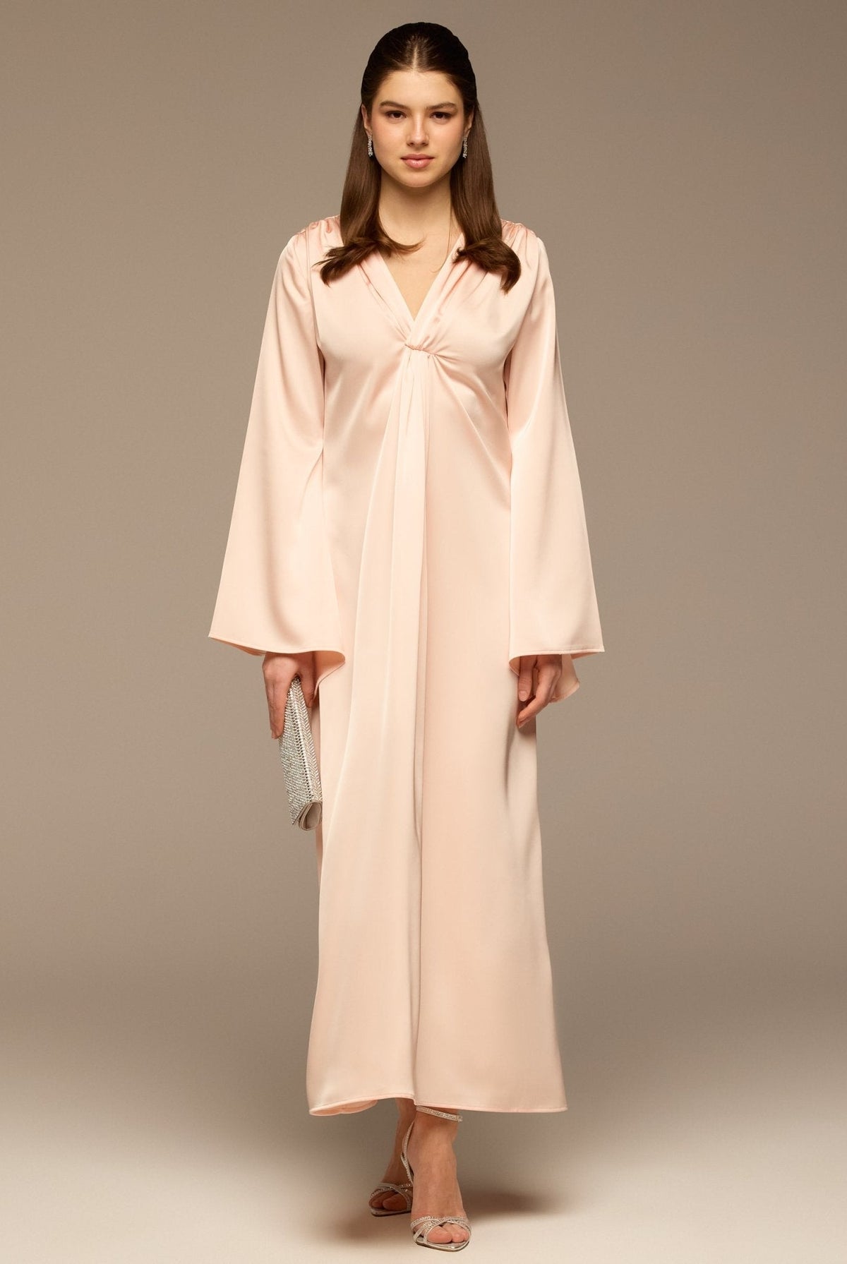 V-Neck Flared Sleeve Satin Kaftan - shopaleena