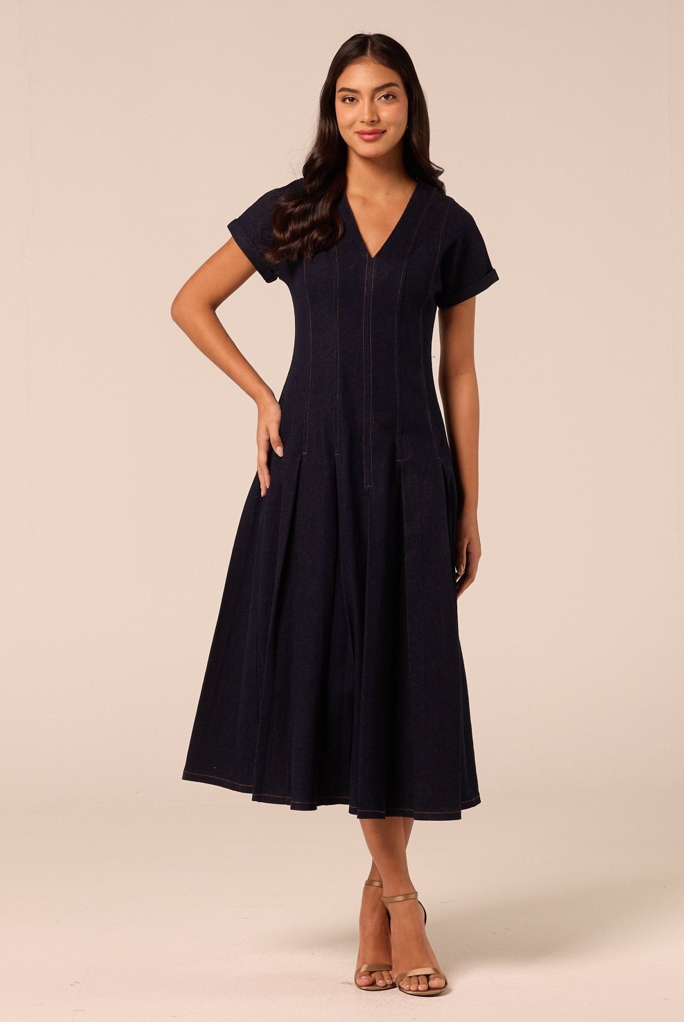 V Neck Short Sleeve Denim Maxi Dress - shopaleena