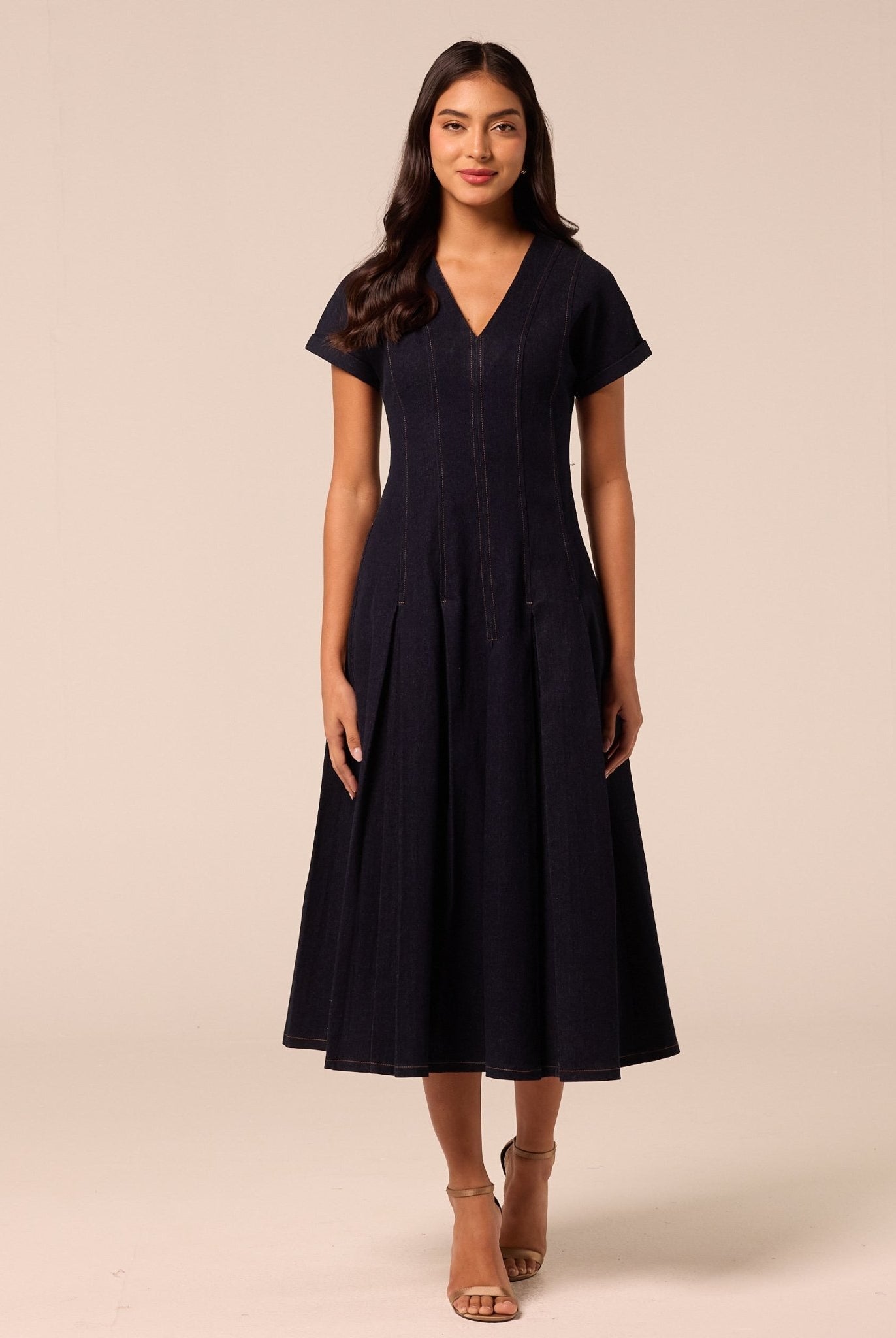 V Neck Short Sleeve Denim Maxi Dress - shopaleena