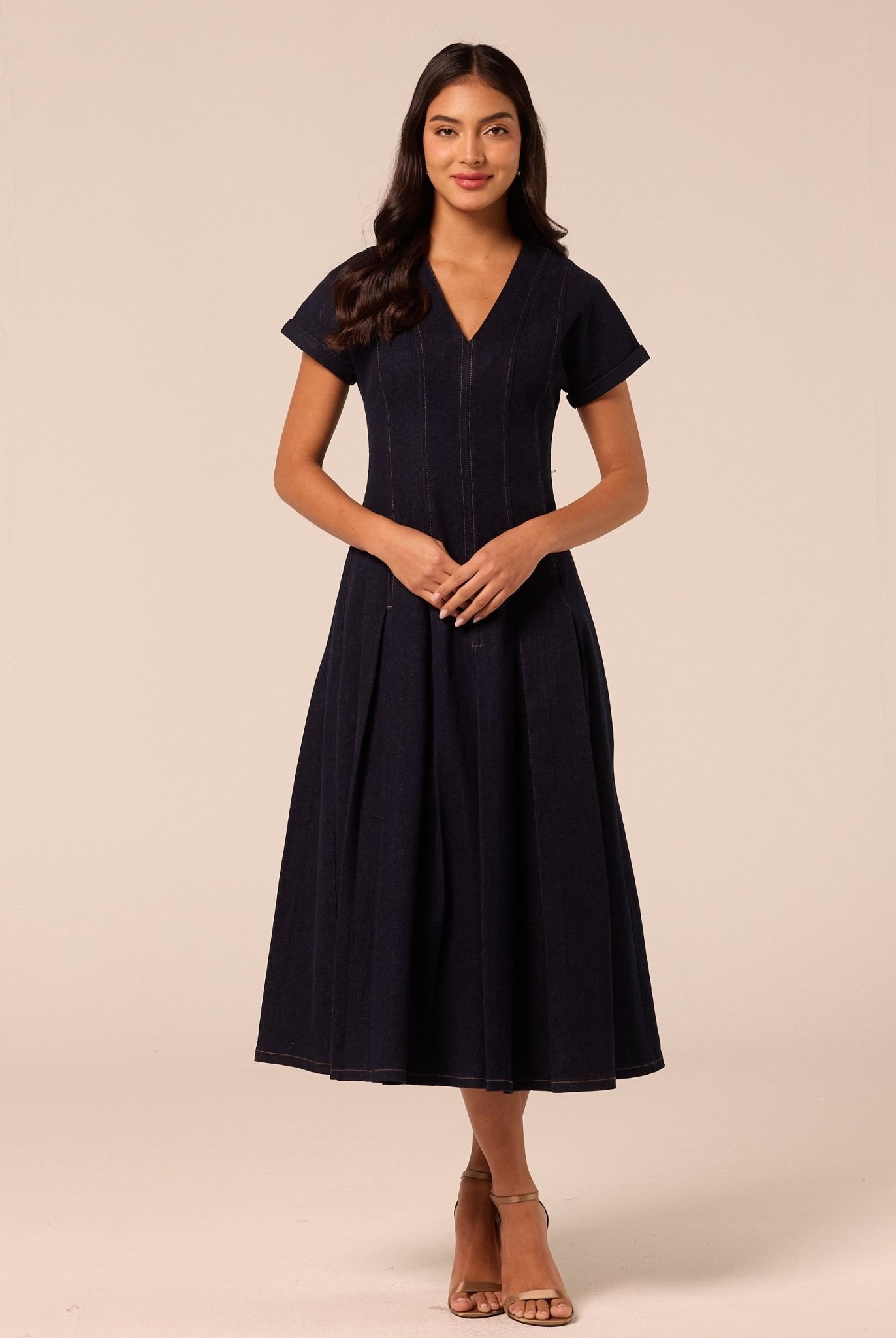 V Neck Short Sleeve Denim Maxi Dress - shopaleena