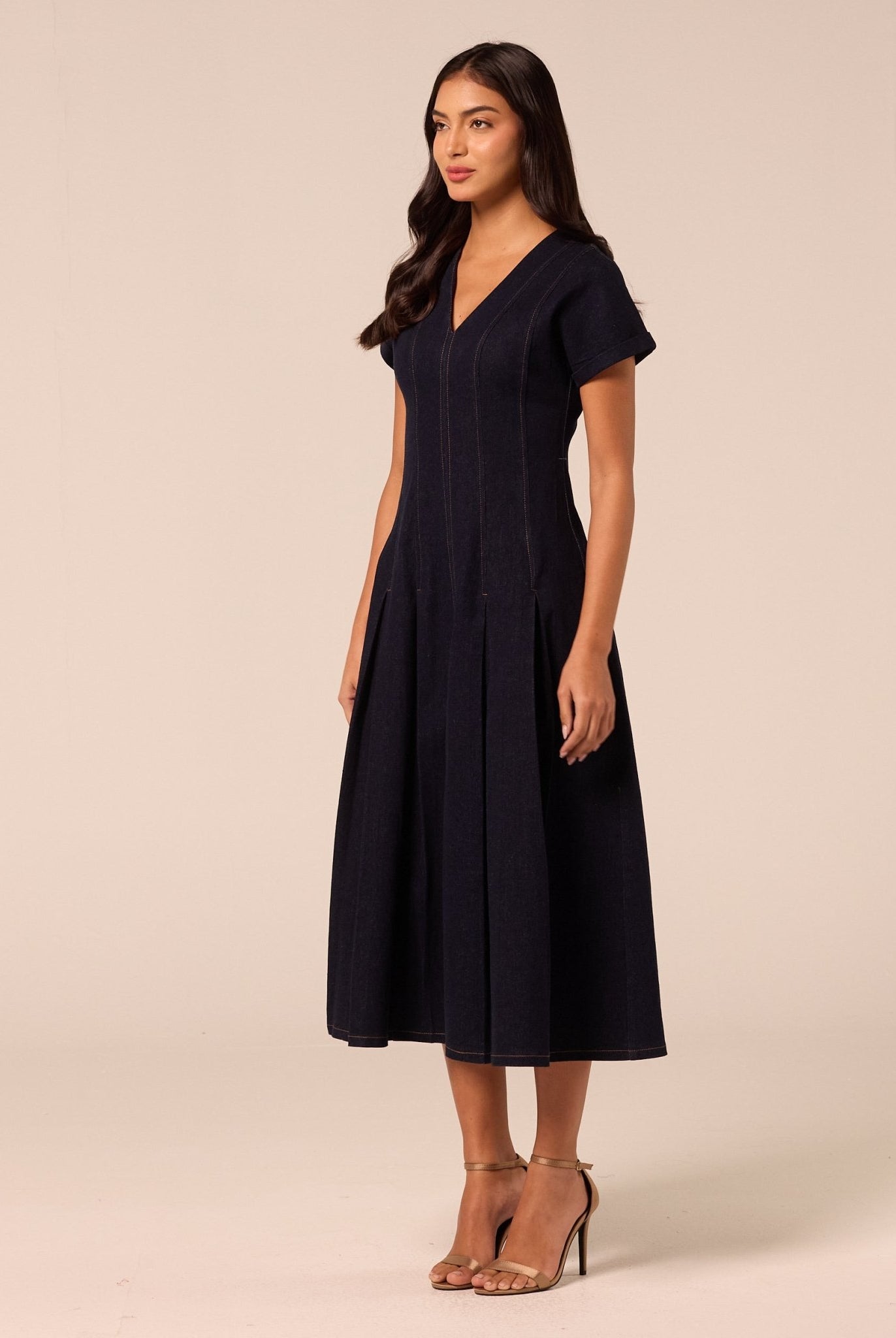 V Neck Short Sleeve Denim Maxi Dress - shopaleena