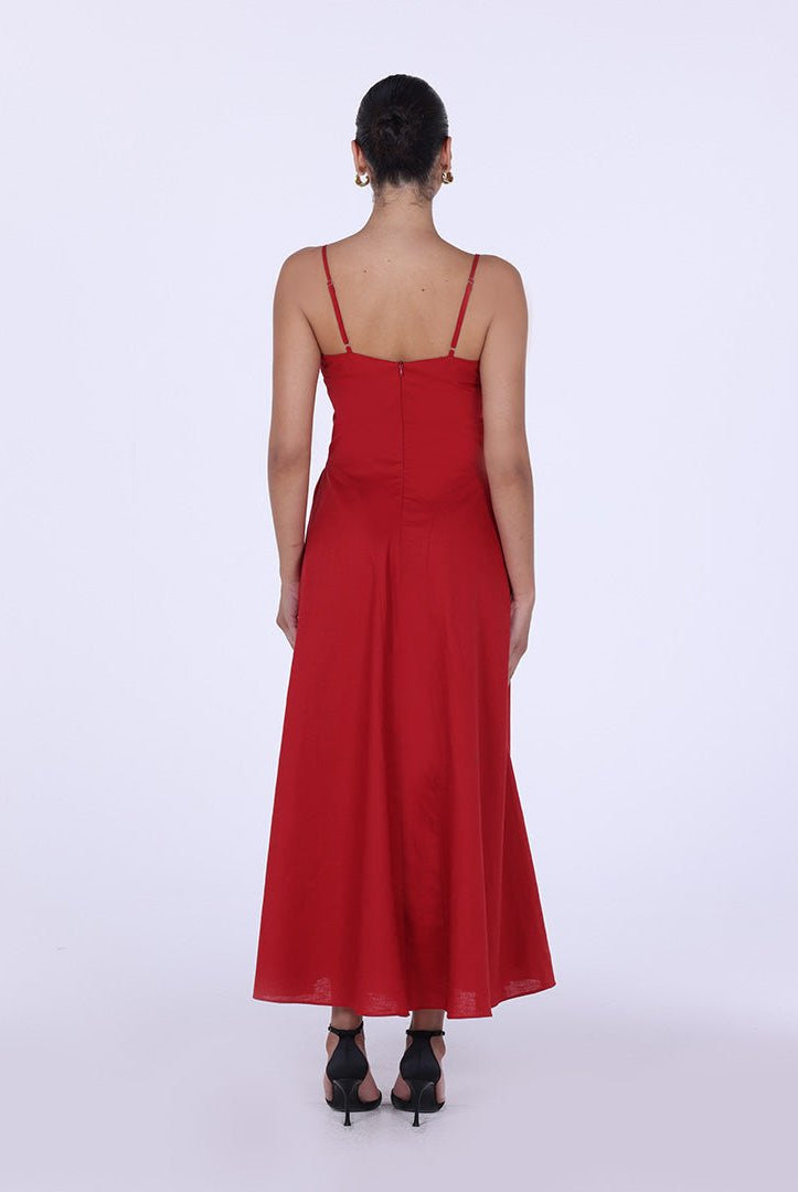 V - neckline Spaghetti Straps Midi Dress - shopaleena