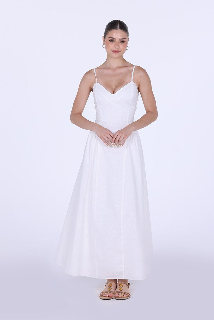 V - neckline Spaghetti Straps Midi Dress - shopaleena