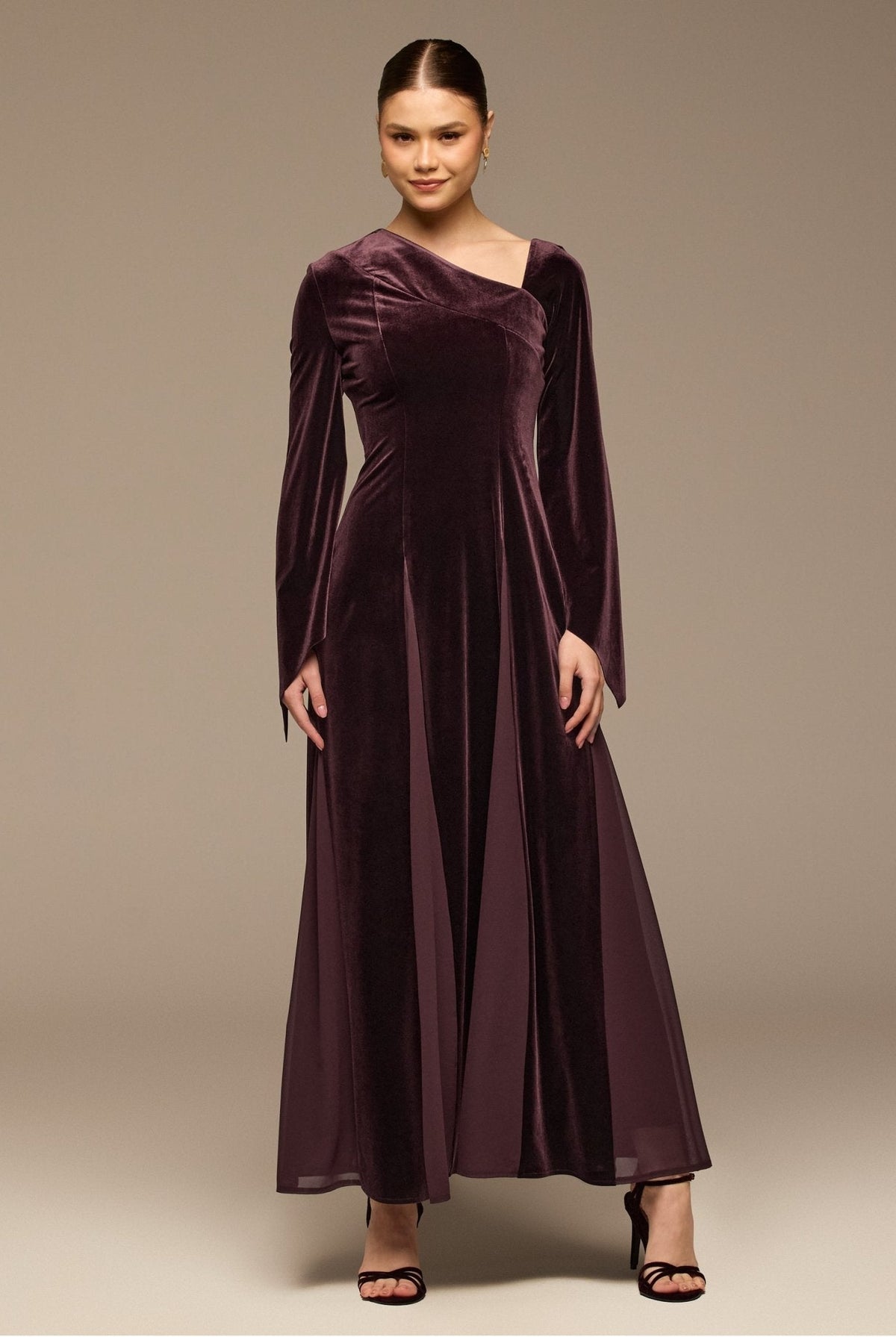 Velvet Chiffon One-Shoulder Maxi Dress - shopaleena