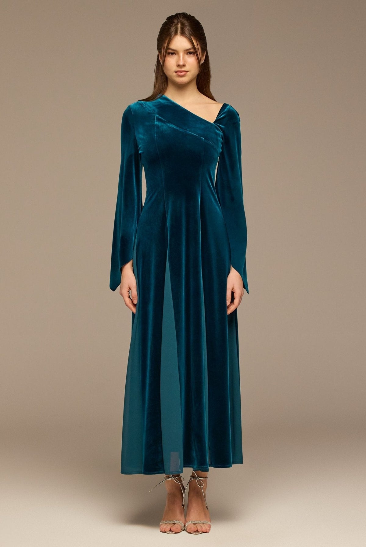 Velvet Chiffon One-Shoulder Maxi Dress - shopaleena