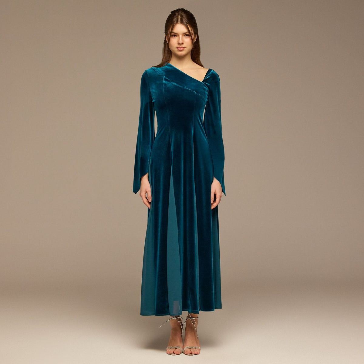 Velvet Chiffon One-Shoulder Maxi Dress - shopaleena