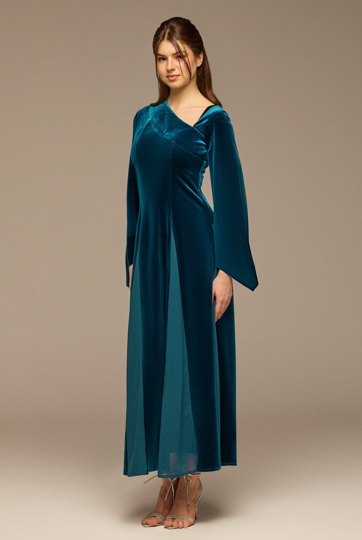 Velvet Chiffon One-Shoulder Maxi Dress - shopaleena
