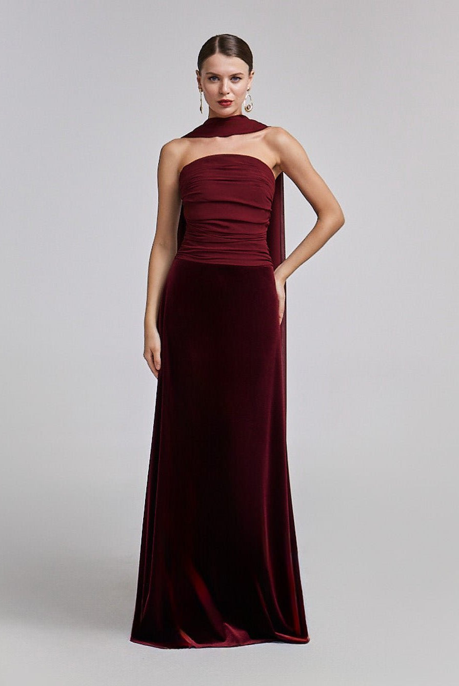 Velvet-Chiffon Strapless Gown with Draped Scarf - shopaleena