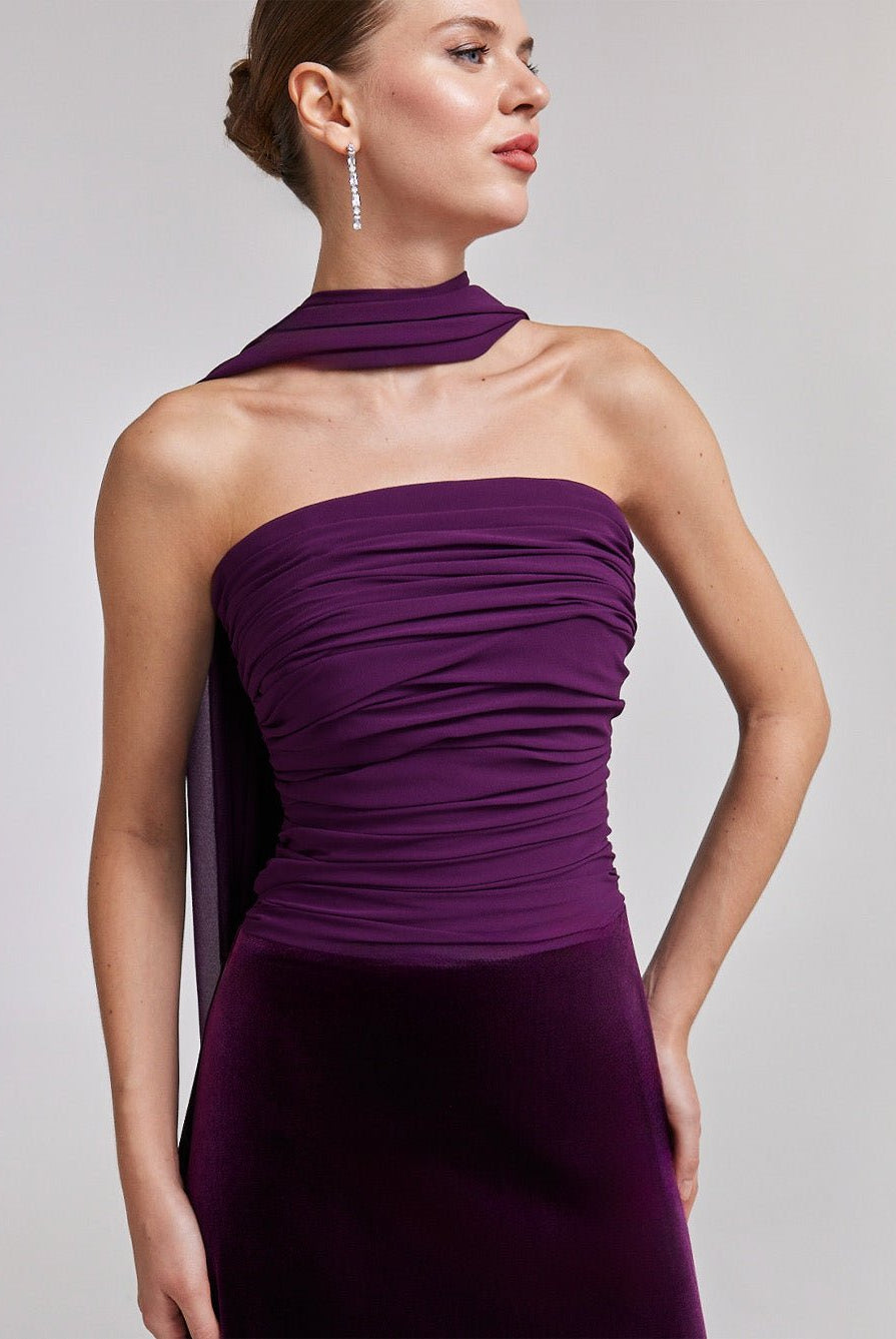 Velvet-Chiffon Strapless Gown with Draped Scarf - shopaleena
