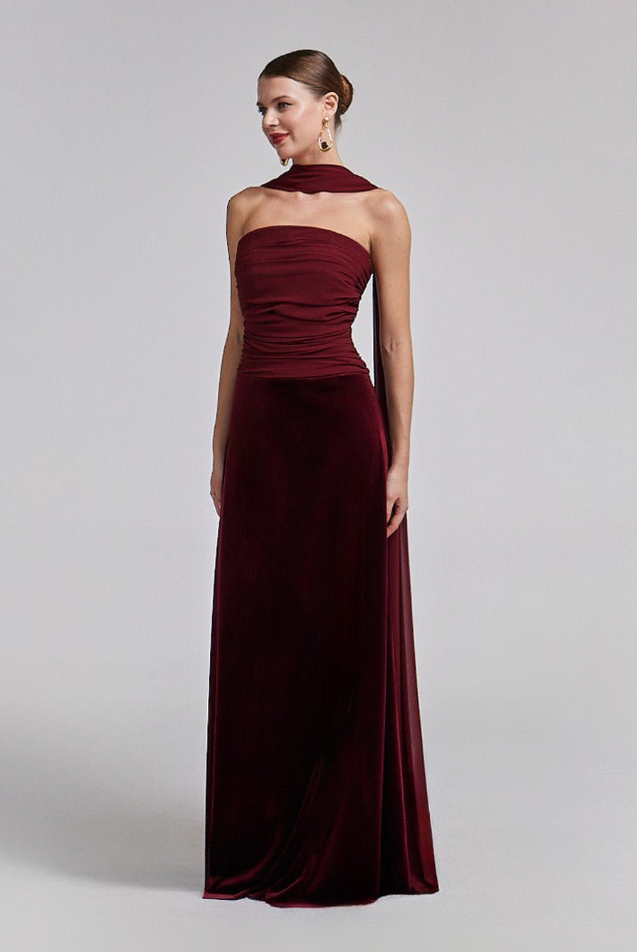 Velvet-Chiffon Strapless Gown with Draped Scarf - shopaleena