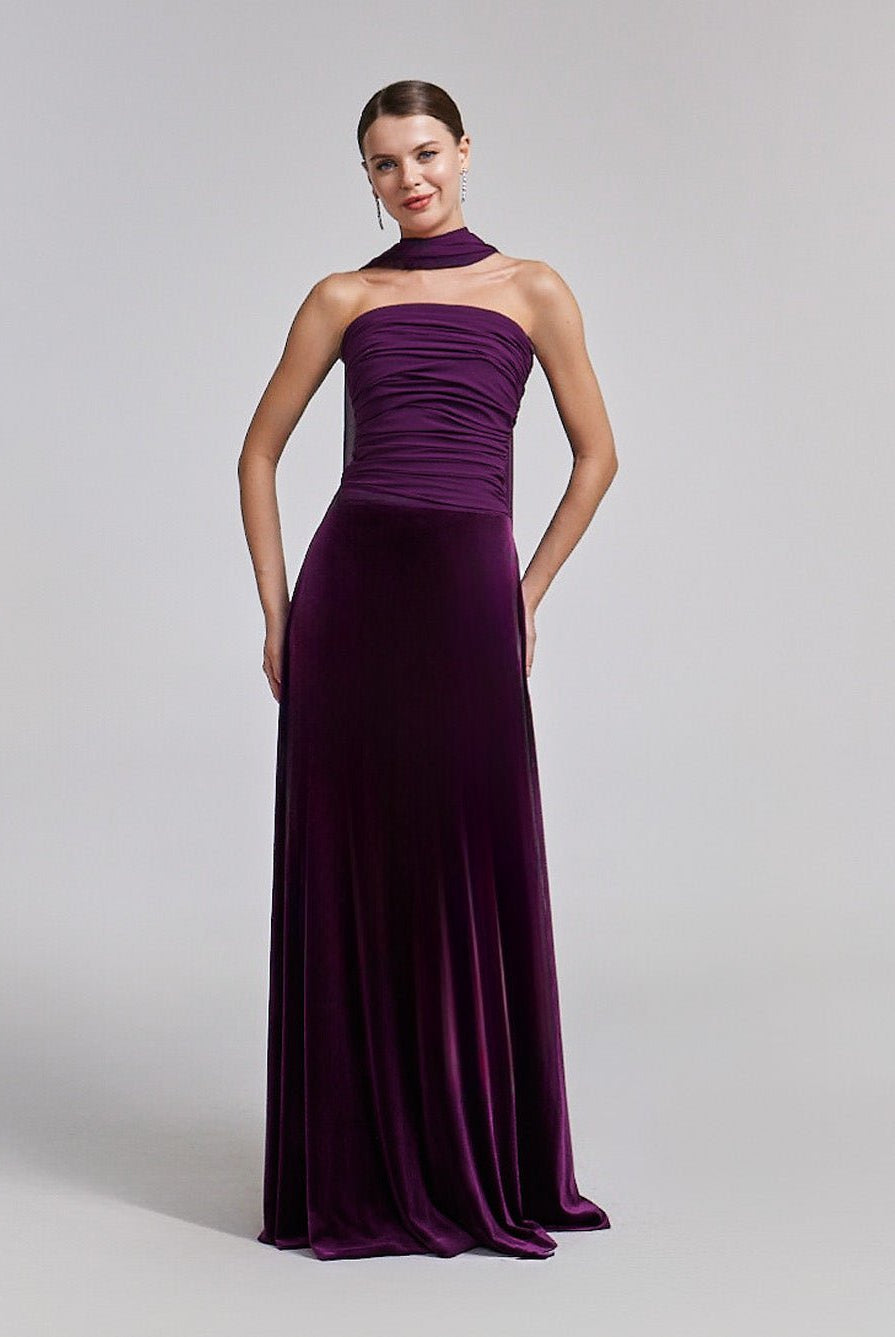 Velvet-Chiffon Strapless Gown with Draped Scarf - shopaleena
