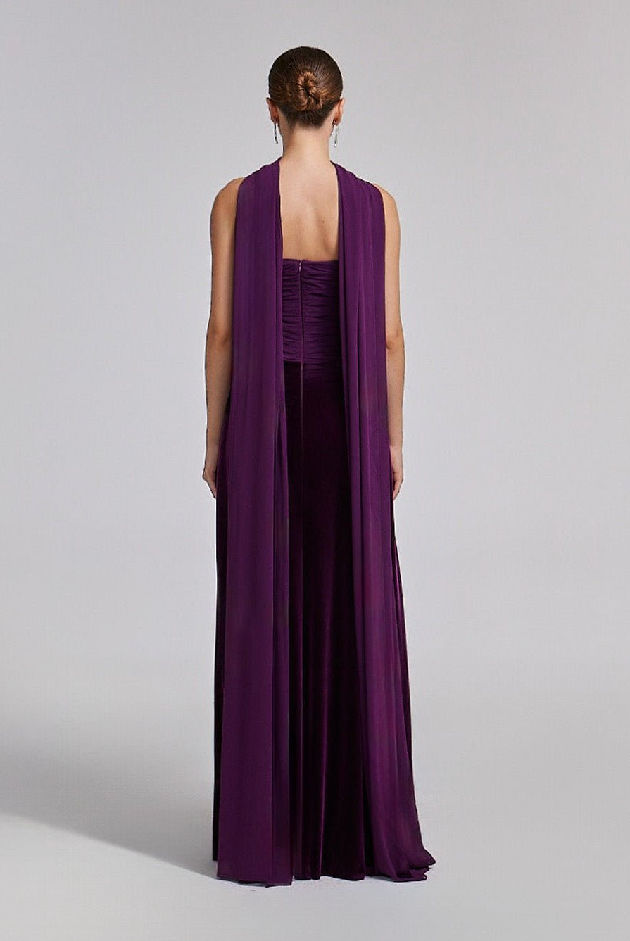 Velvet-Chiffon Strapless Gown with Draped Scarf - shopaleena