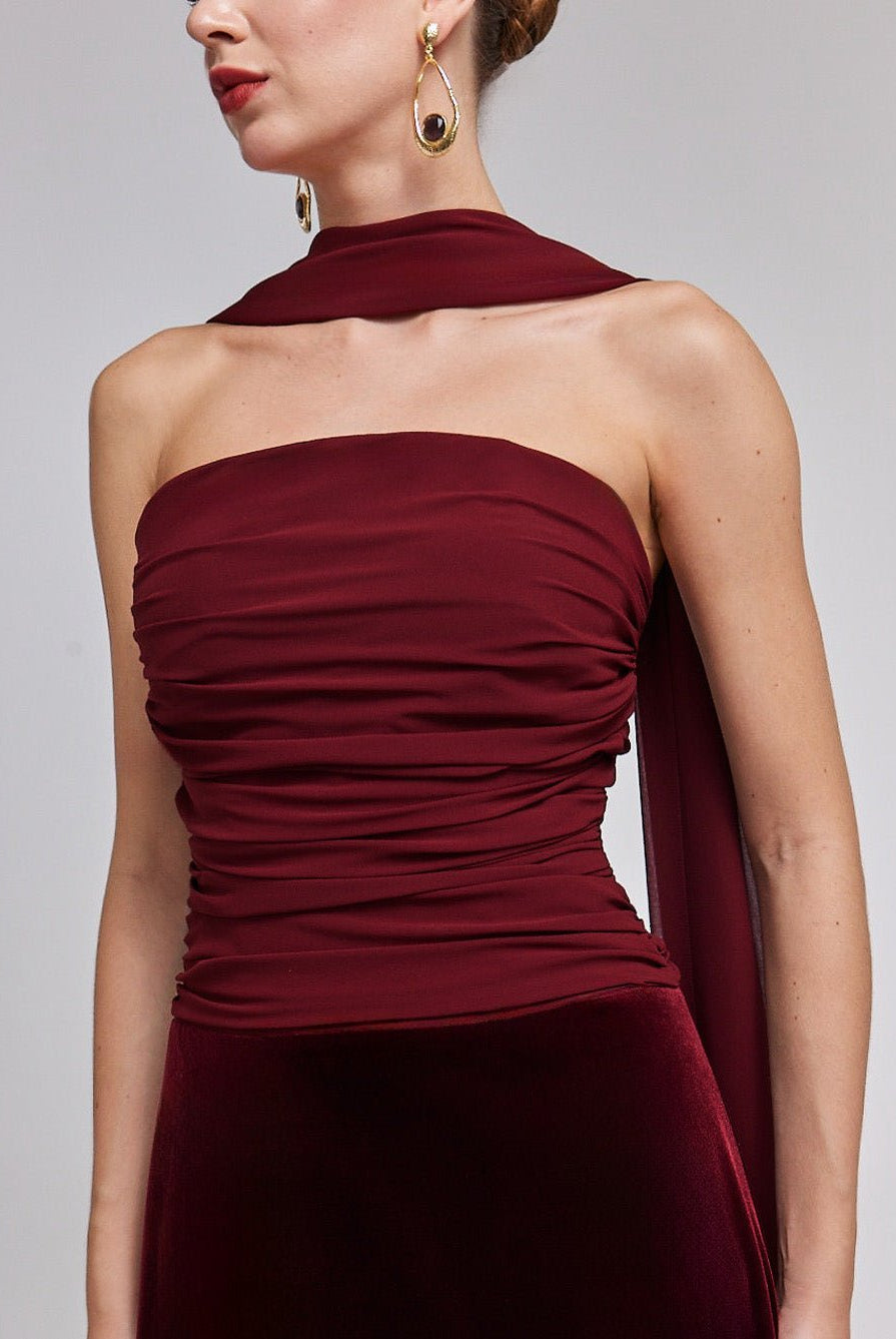 Velvet-Chiffon Strapless Gown with Draped Scarf - shopaleena