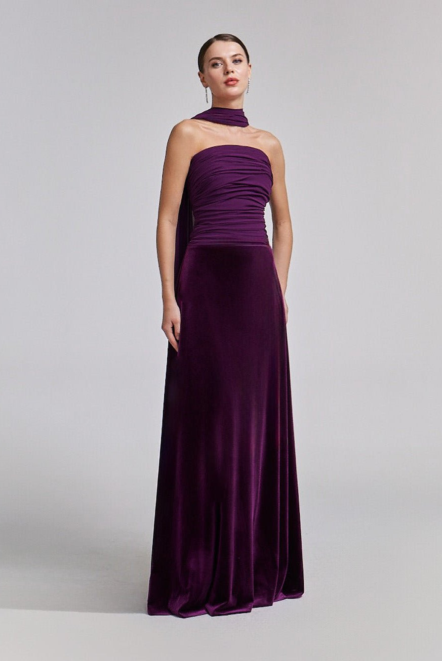 Velvet-Chiffon Strapless Gown with Draped Scarf - shopaleena