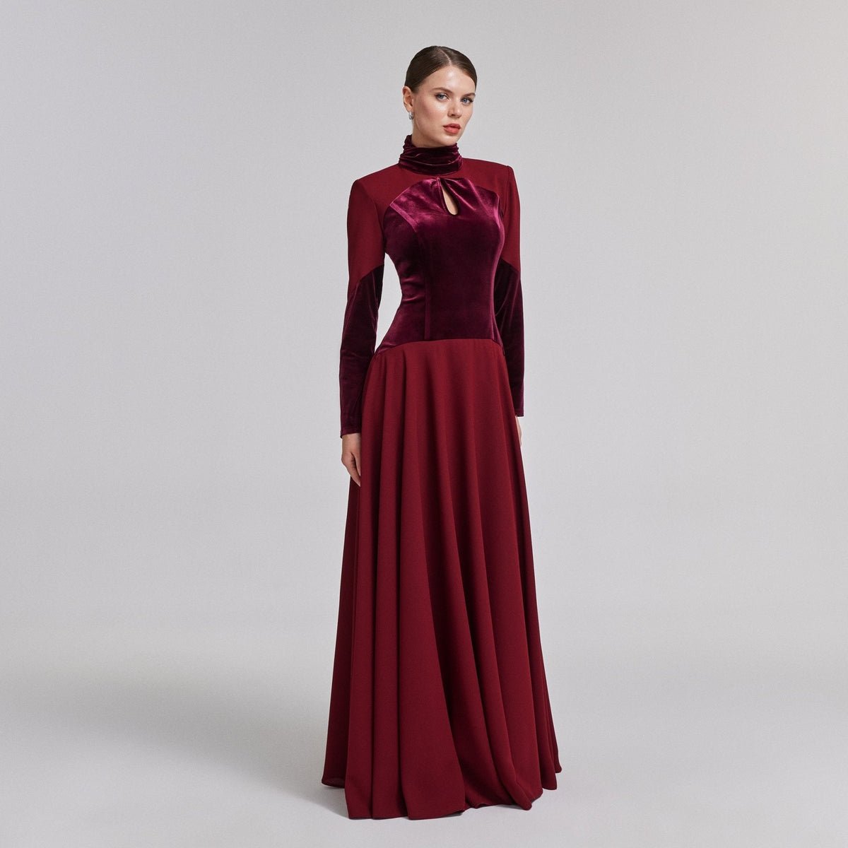 Velvet-Crepe Maxi Dress with Pleated Skirt - shopaleena