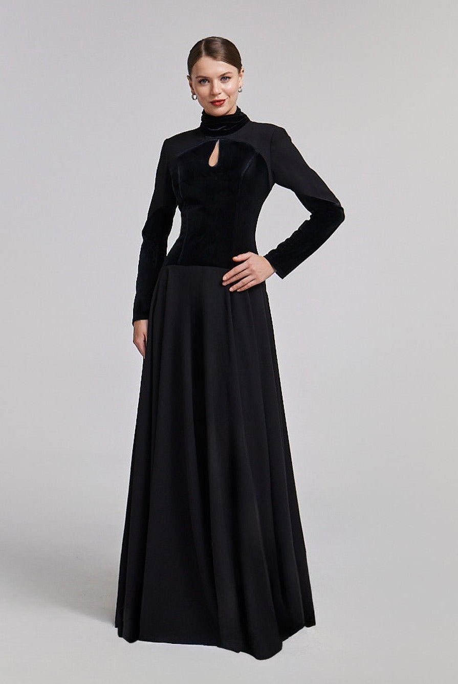 Velvet-Crepe Maxi Dress with Pleated Skirt - shopaleena