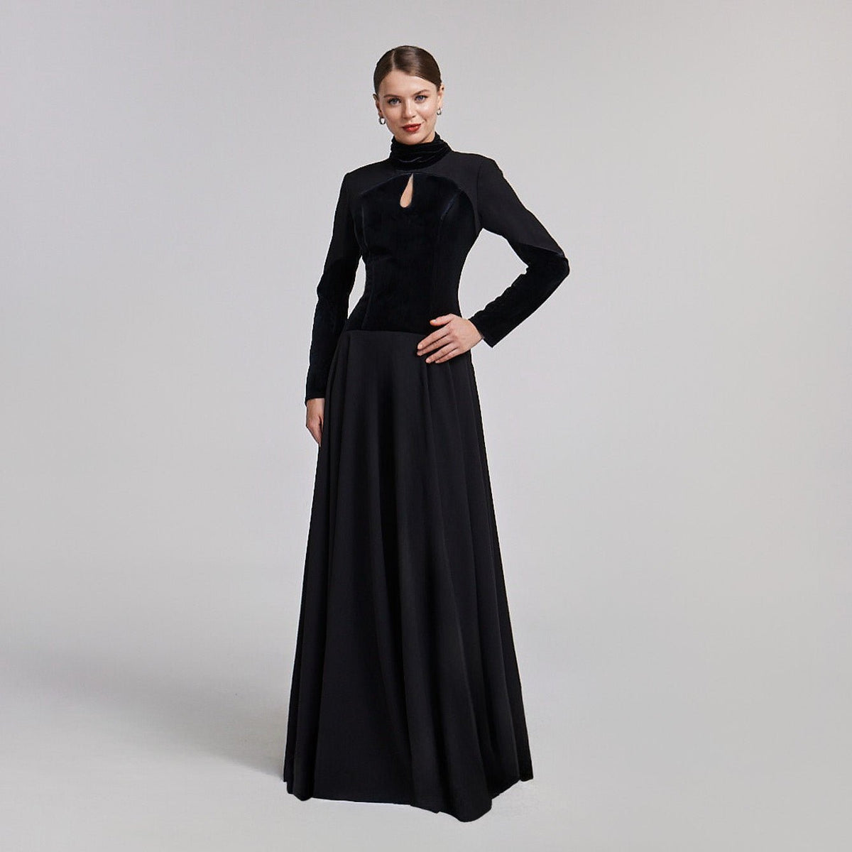 Velvet-Crepe Maxi Dress with Pleated Skirt - shopaleena