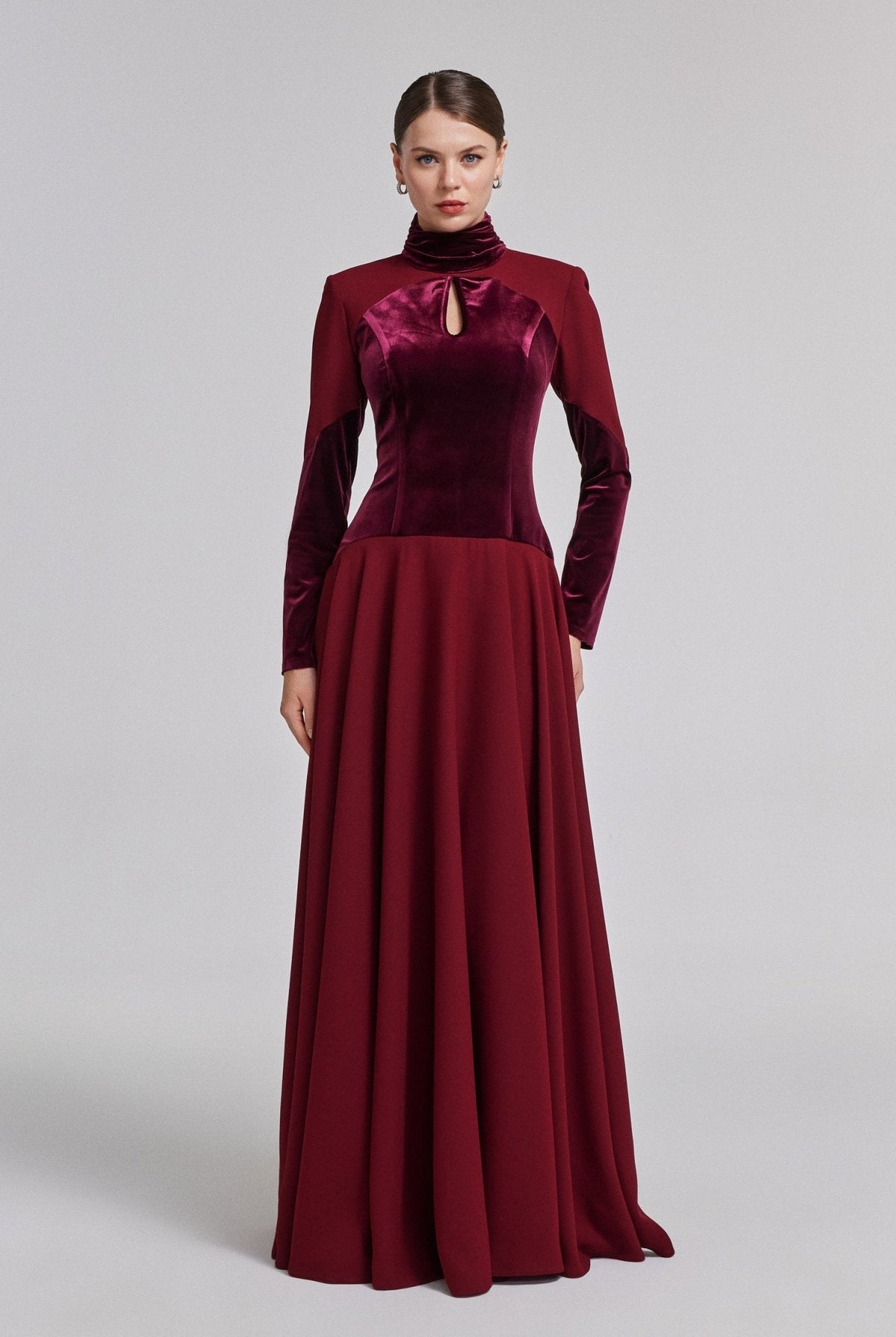Velvet-Crepe Maxi Dress with Pleated Skirt - shopaleena
