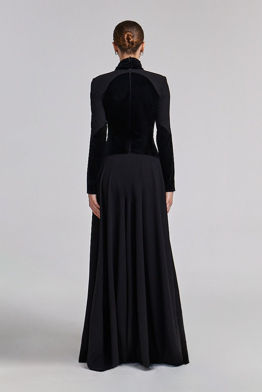 Velvet-Crepe Maxi Dress with Pleated Skirt - shopaleena