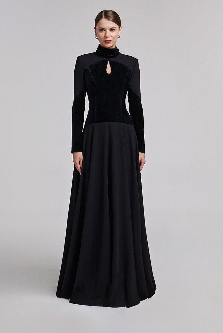 Velvet-Crepe Maxi Dress with Pleated Skirt - shopaleena