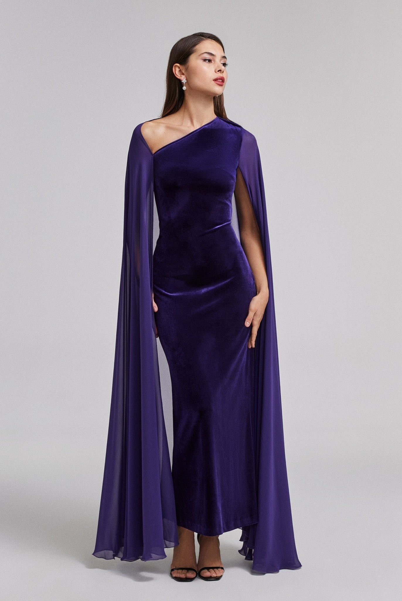 Velvet Maxi Dress with Chiffon Cape - shopaleena