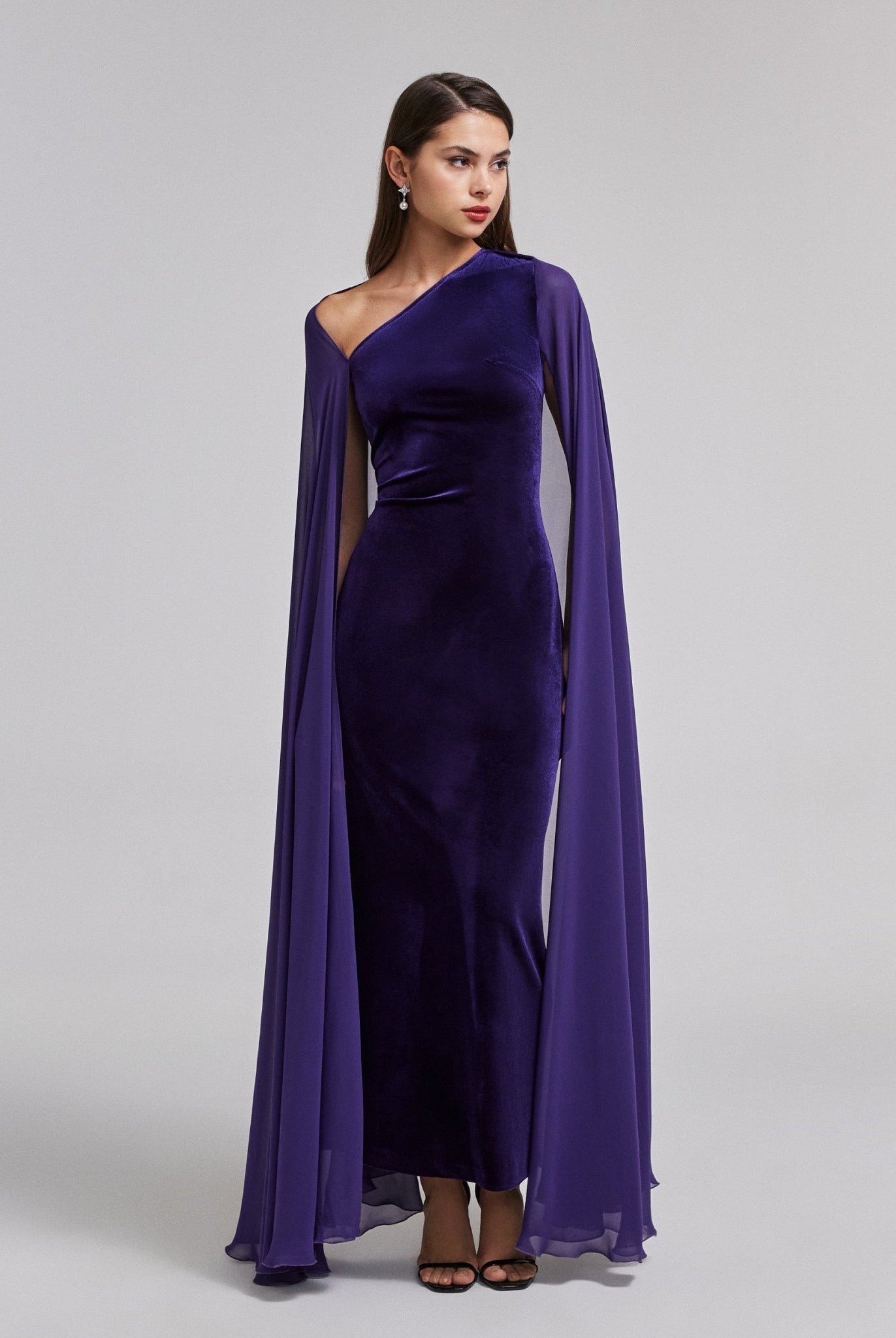 Velvet Maxi Dress with Chiffon Cape - shopaleena