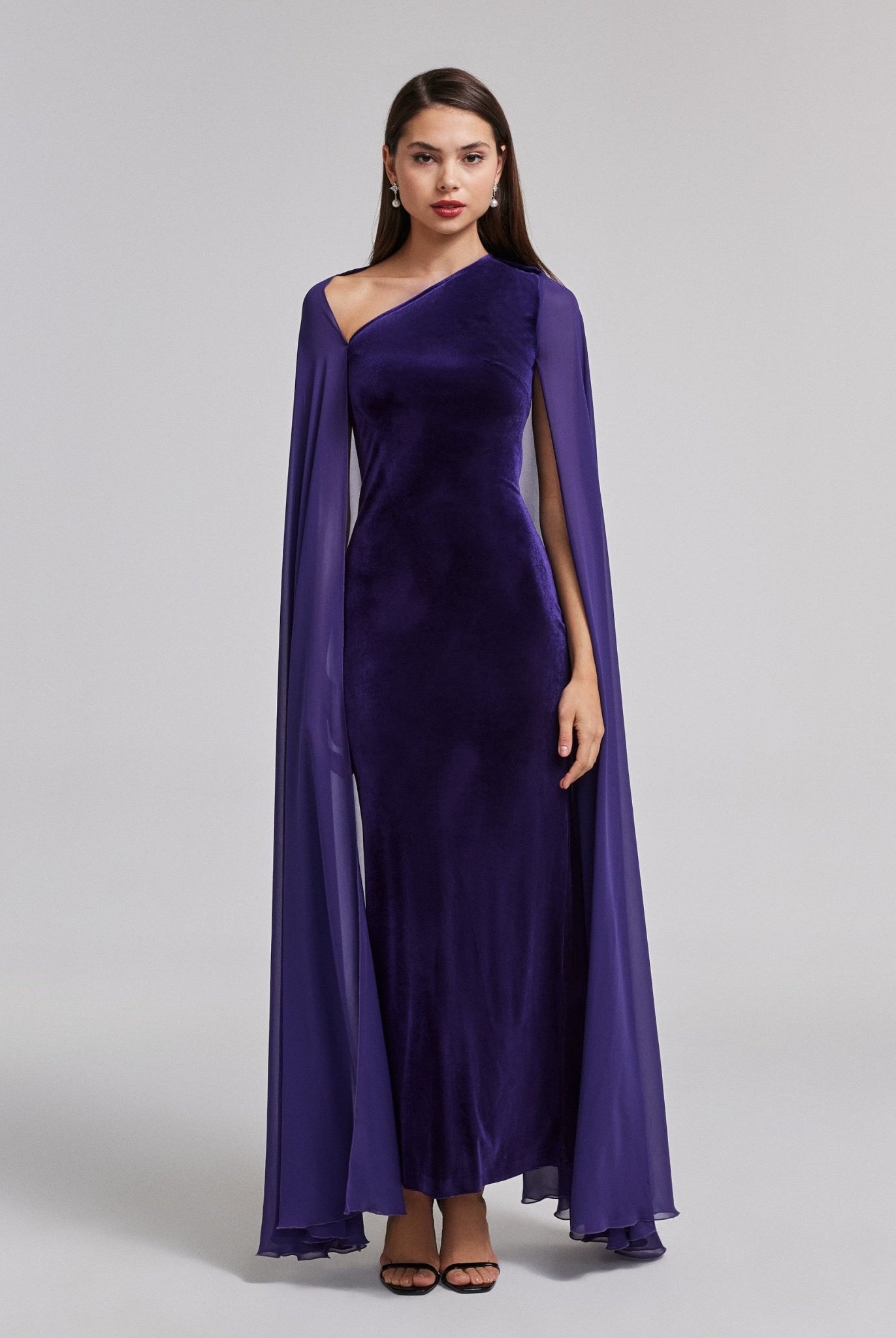 Velvet Maxi Dress with Chiffon Cape - shopaleena