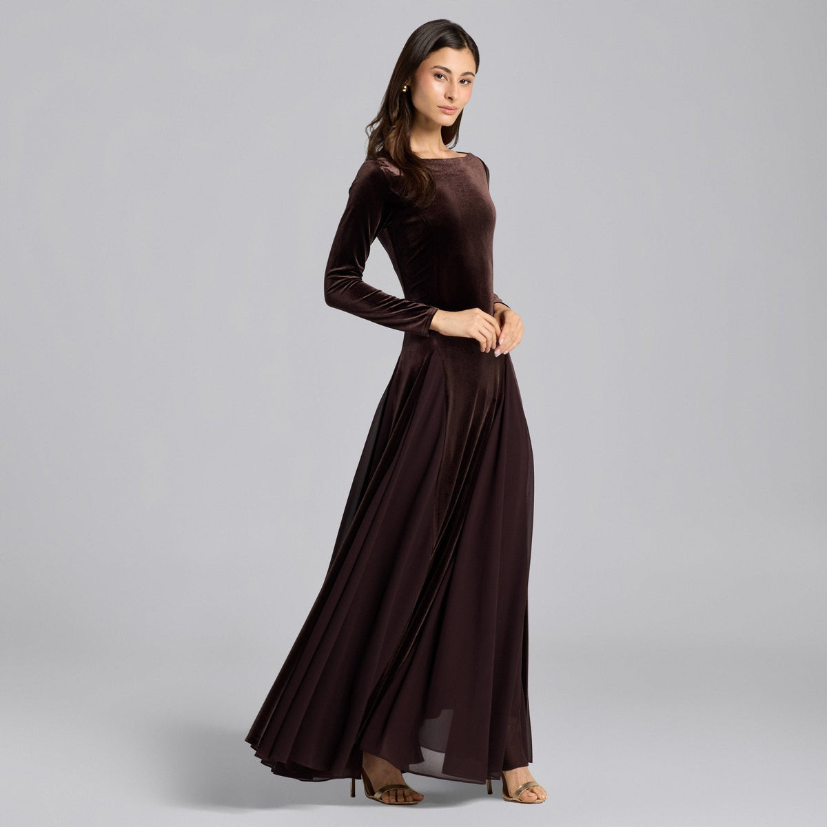 Velvet Maxi Dress with Chiffon Godets - shopaleena