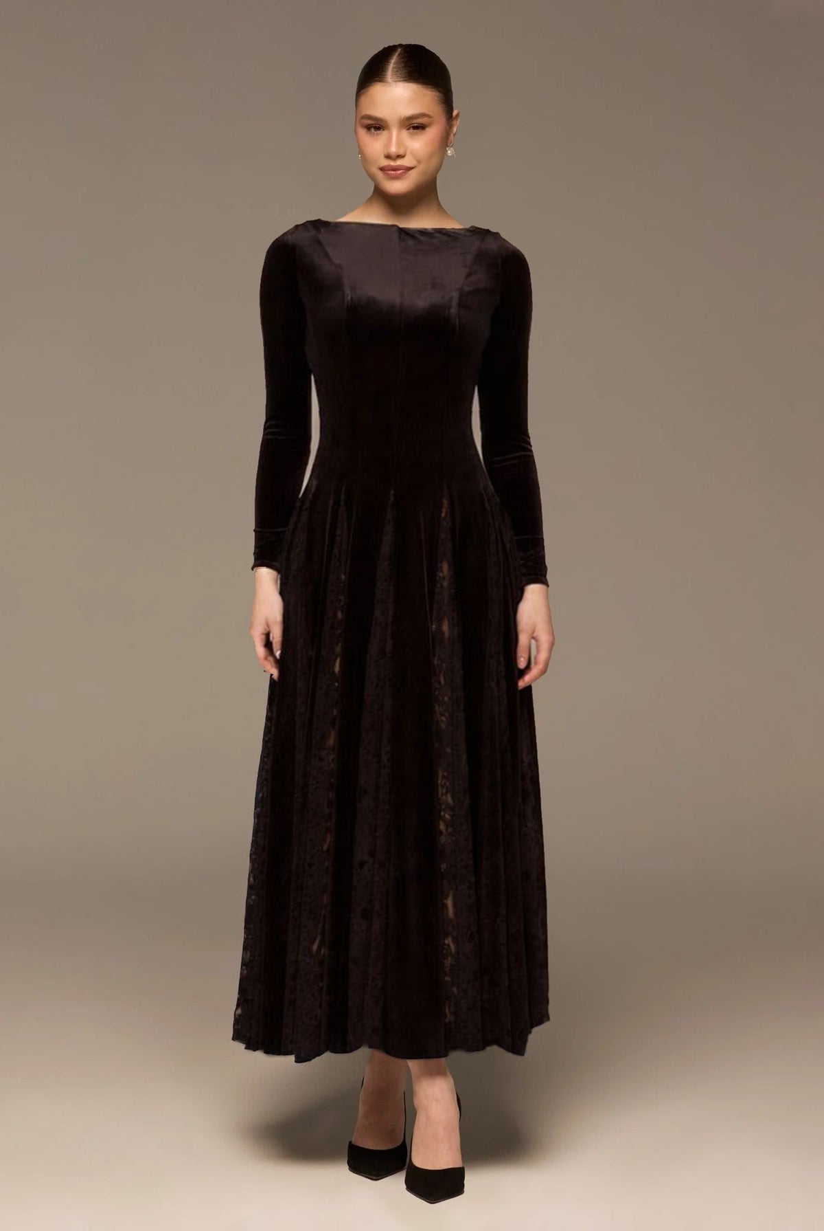 Velvet Maxi Dress with Lace Godets - shopaleena