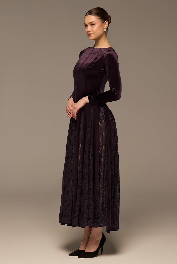 Velvet Maxi Dress with Lace Godets - shopaleena