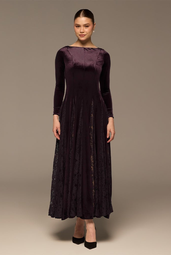 Velvet Maxi Dress with Lace Godets - shopaleena