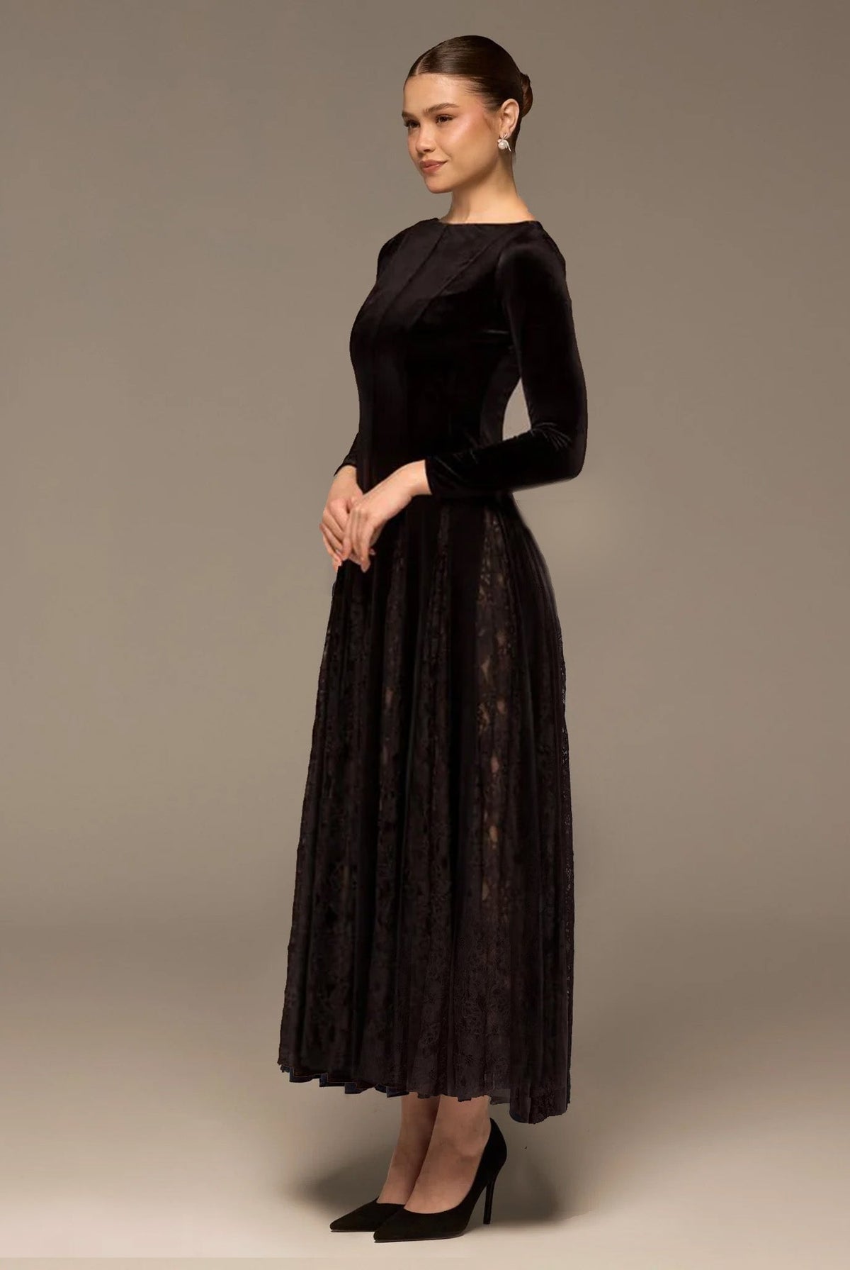 Velvet Maxi Dress with Lace Godets - shopaleena