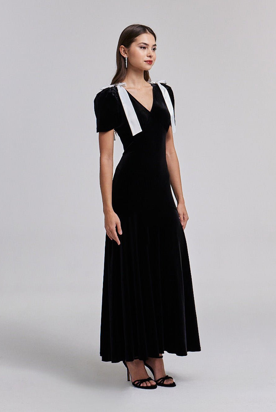 Velvet Puff Sleeve Maxi Dress - shopaleena