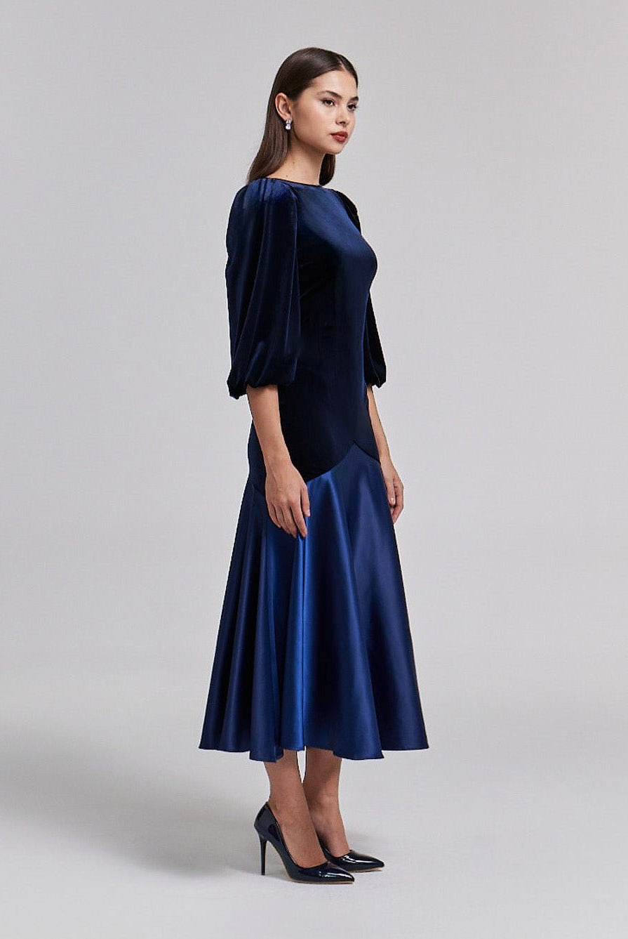 Velvet - Satin Balloon Sleeve Midi Dress - shopaleena