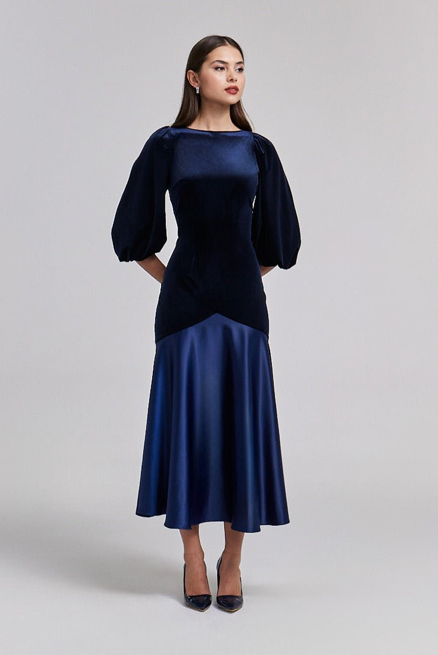 Velvet - Satin Balloon Sleeve Midi Dress - shopaleena