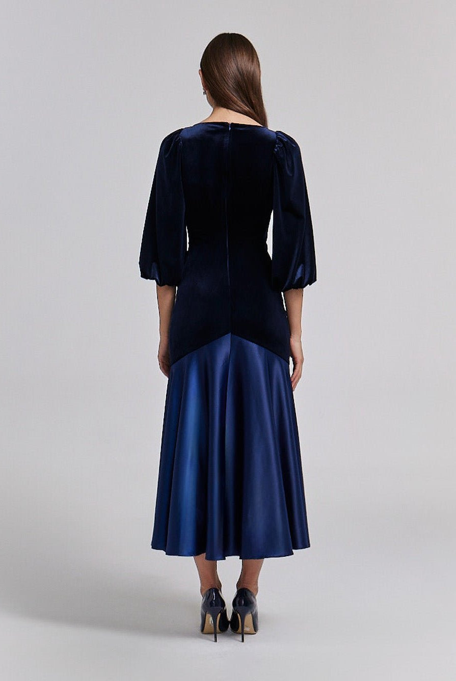 Velvet - Satin Balloon Sleeve Midi Dress - shopaleena
