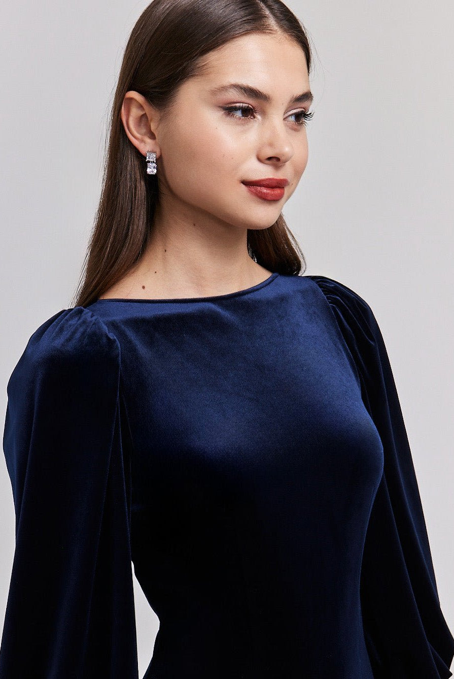 Velvet - Satin Balloon Sleeve Midi Dress - shopaleena