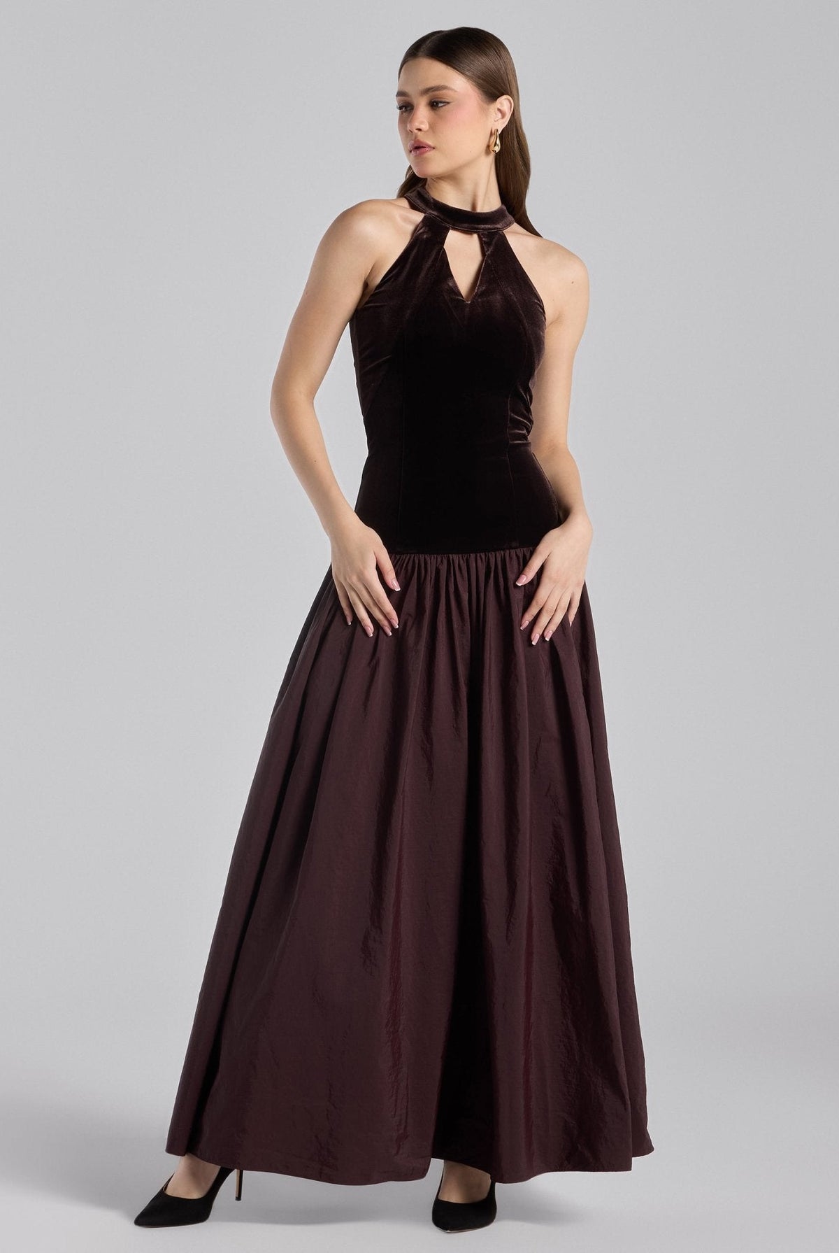 Velvet-Taffeta Halter Dress - shopaleena