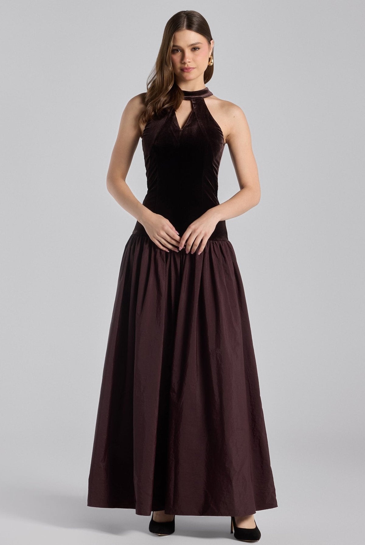 Velvet-Taffeta Halter Dress - shopaleena