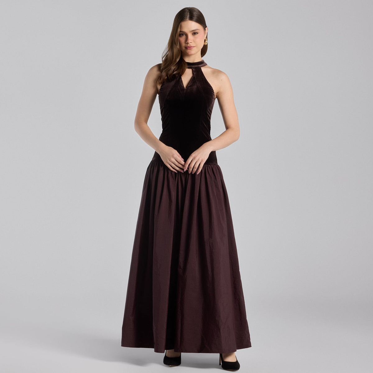 Velvet-Taffeta Halter Dress - shopaleena