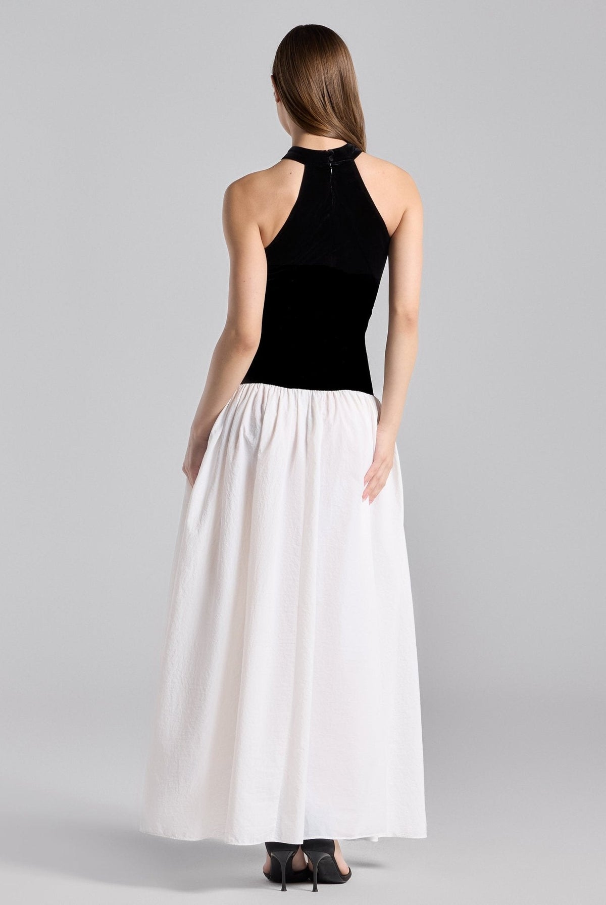 Velvet-Taffeta Halter Dress - shopaleena