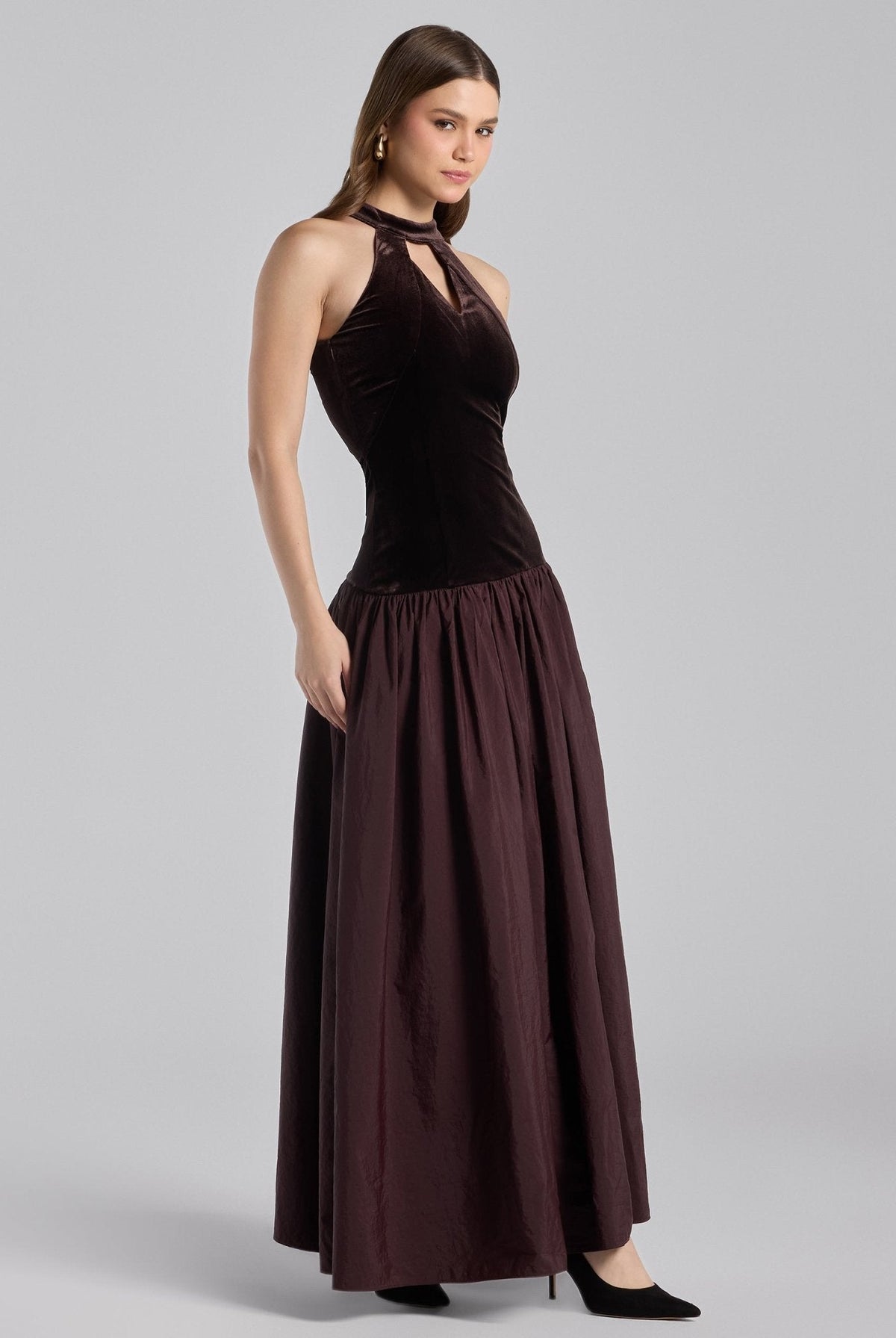 Velvet-Taffeta Halter Dress - shopaleena