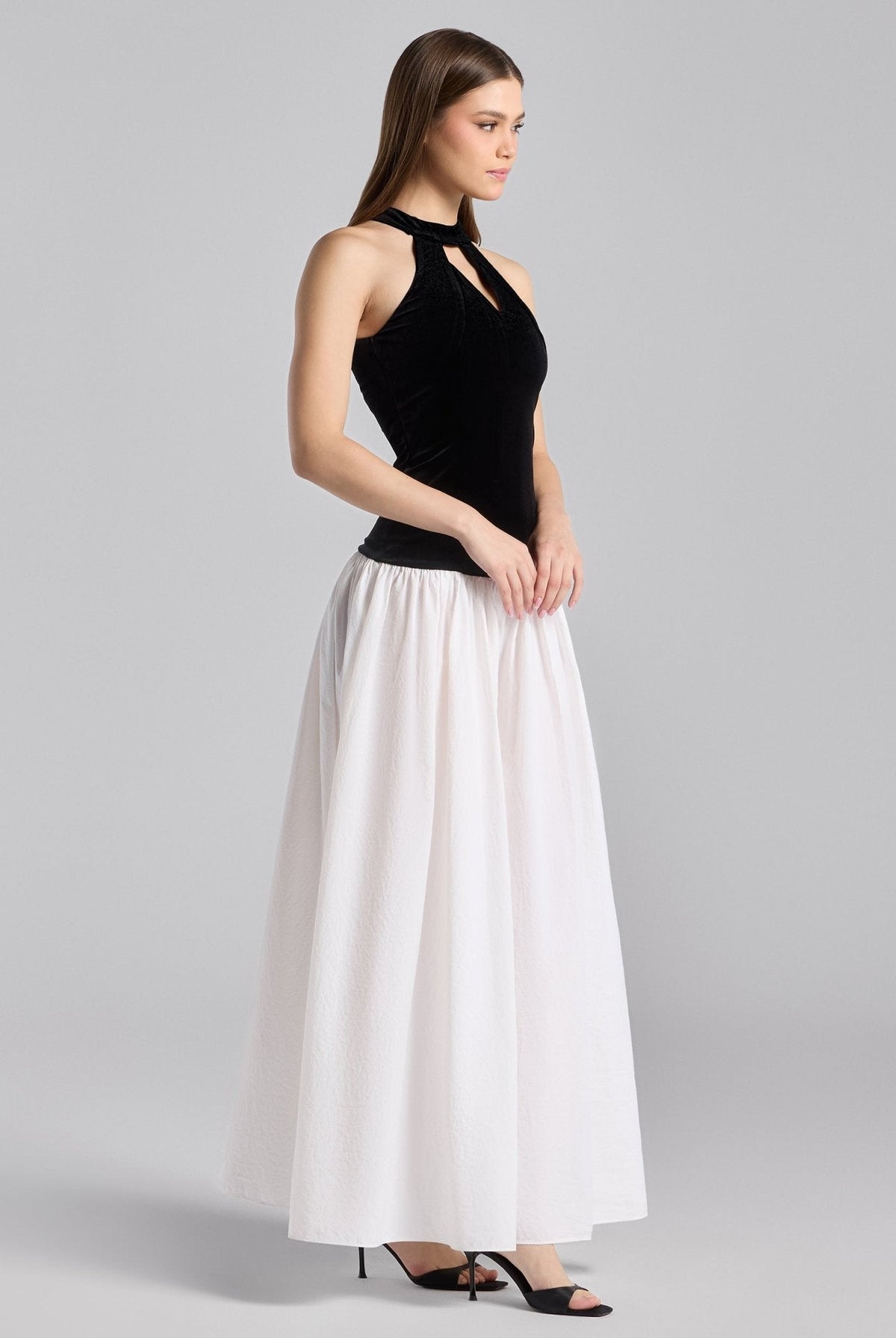 Velvet-Taffeta Halter Dress - shopaleena